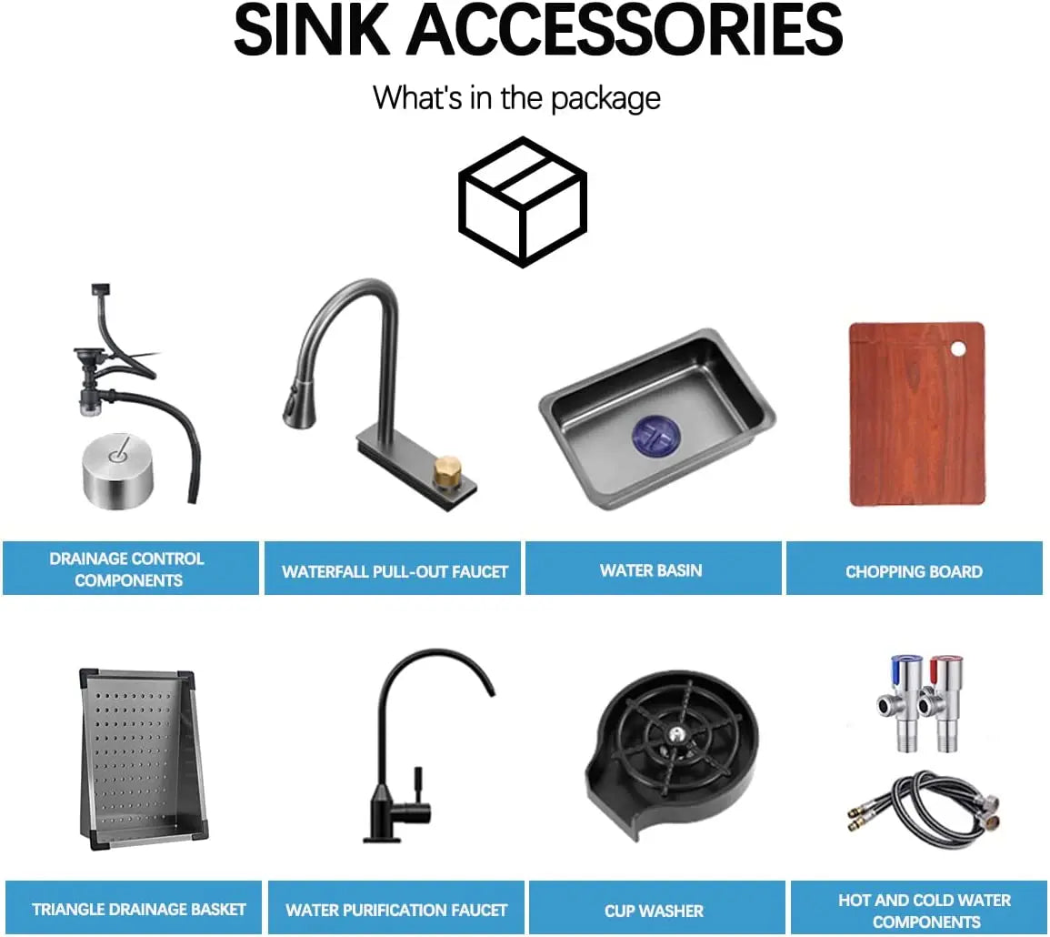 Broncho Nano Stainless Waterfall Kitchen Sink With Faucet