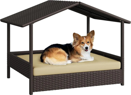 XMSJH Wicker Dog House With Canopy For Small Medium Dogs