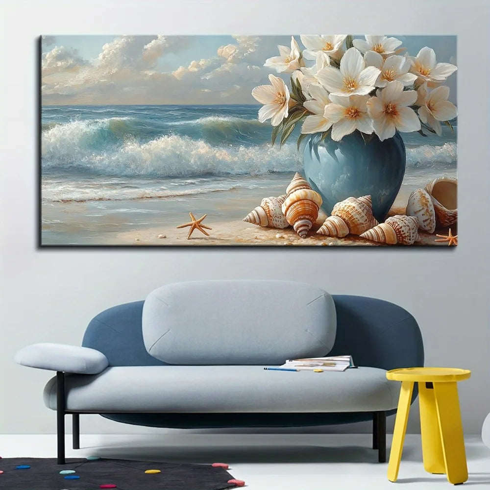 Hign-concerned Pine Wood Frame Beach Canvas Marine Flower