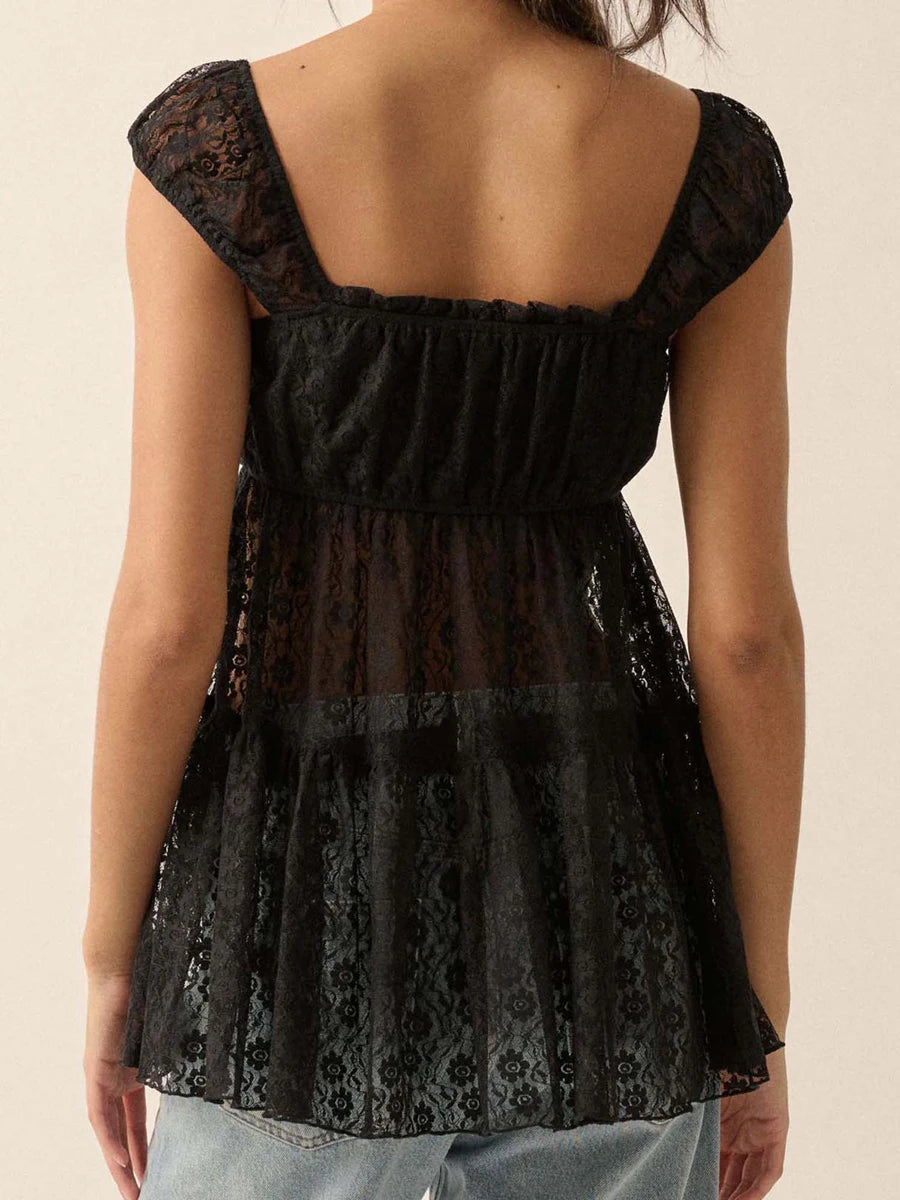 CN Guangdong Womens Casual Waffle Lace Square Neck Top