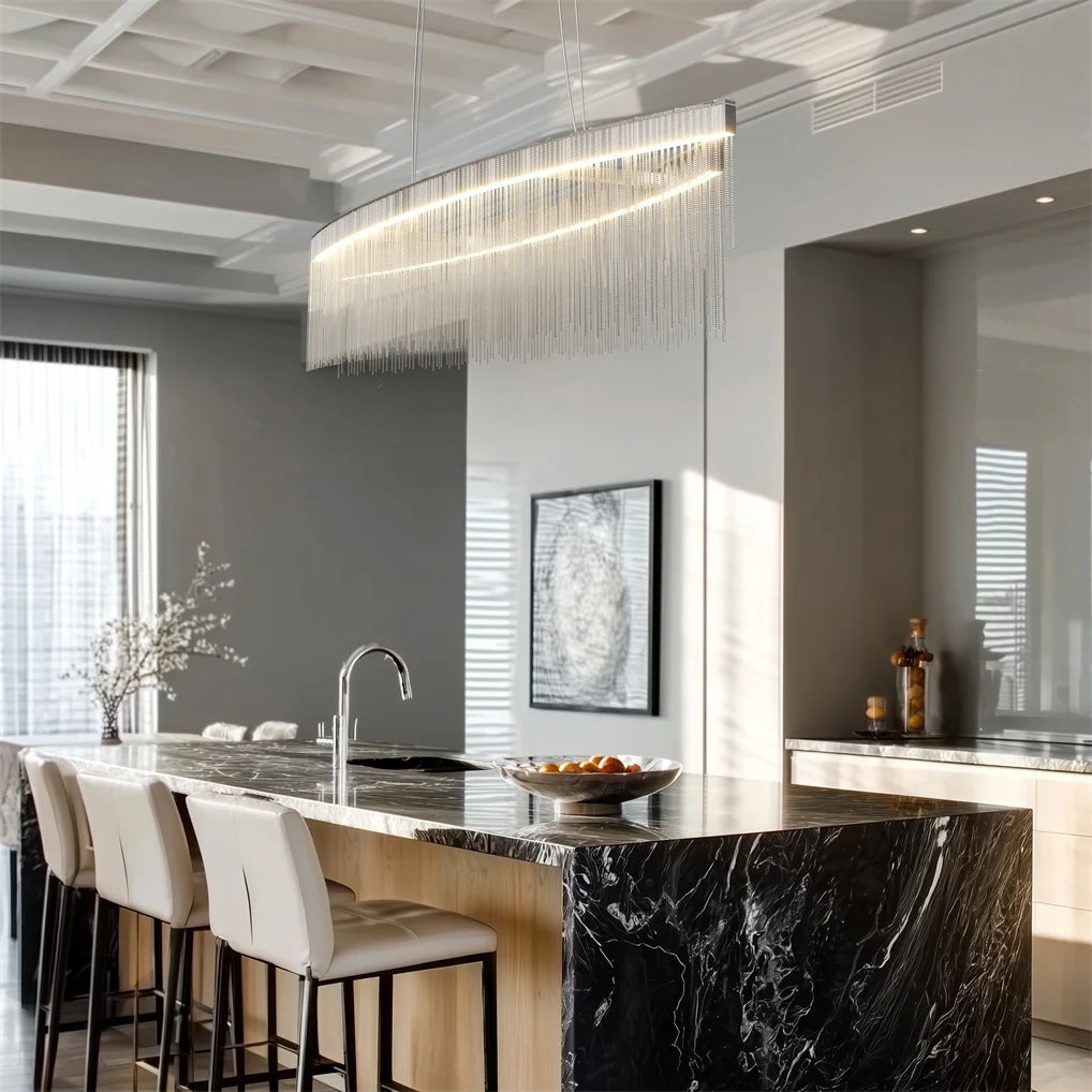 Modern Crystal Chandelier Dining Room Pendant Ceiling Light Fixture,Dimmable LED Chandelier Light with Tassel Chain for Home Dec