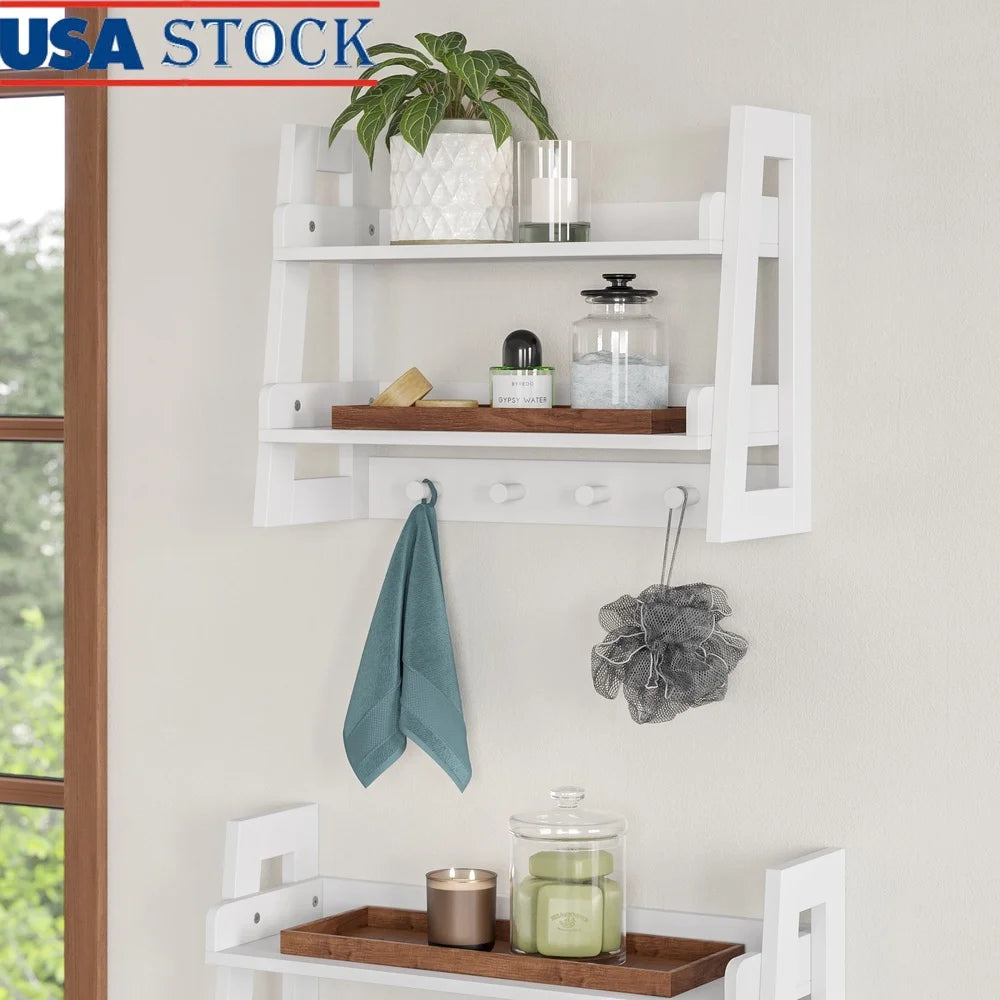 XMSJ 2 Tier Bathroom Ladder Shelf With Open Storage Hooks