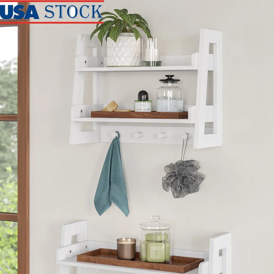 XMSJ 2 Tier Bathroom Ladder Shelf With Open Storage Hooks