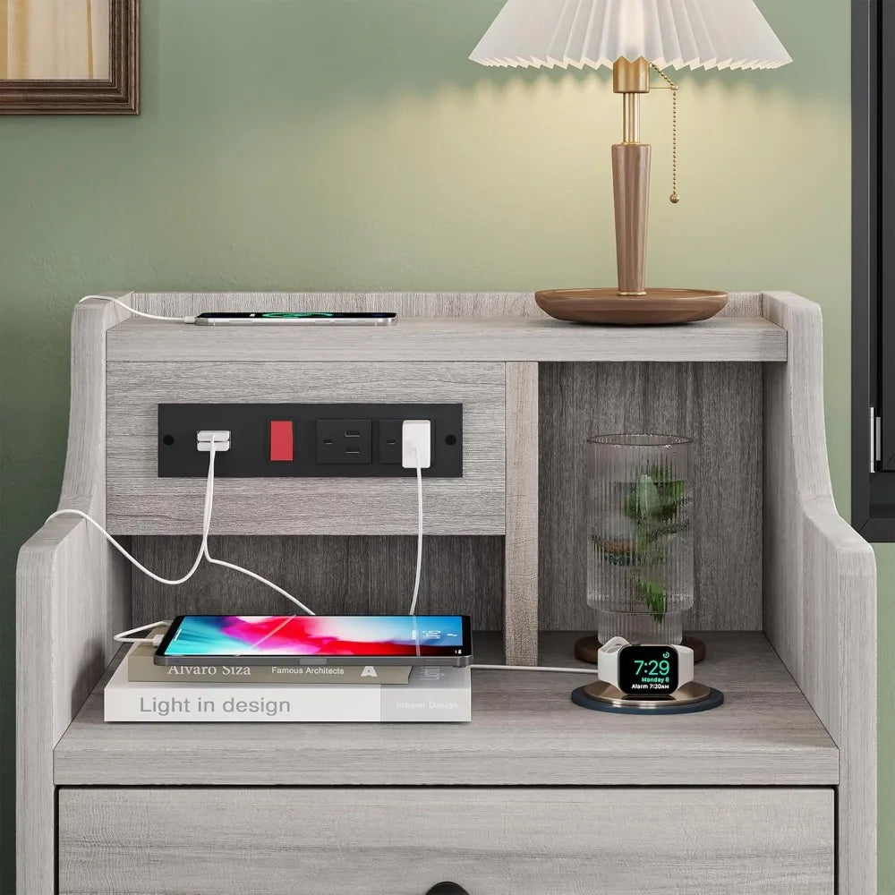 MKDK Nightstand Set With Charging Station And Hutch