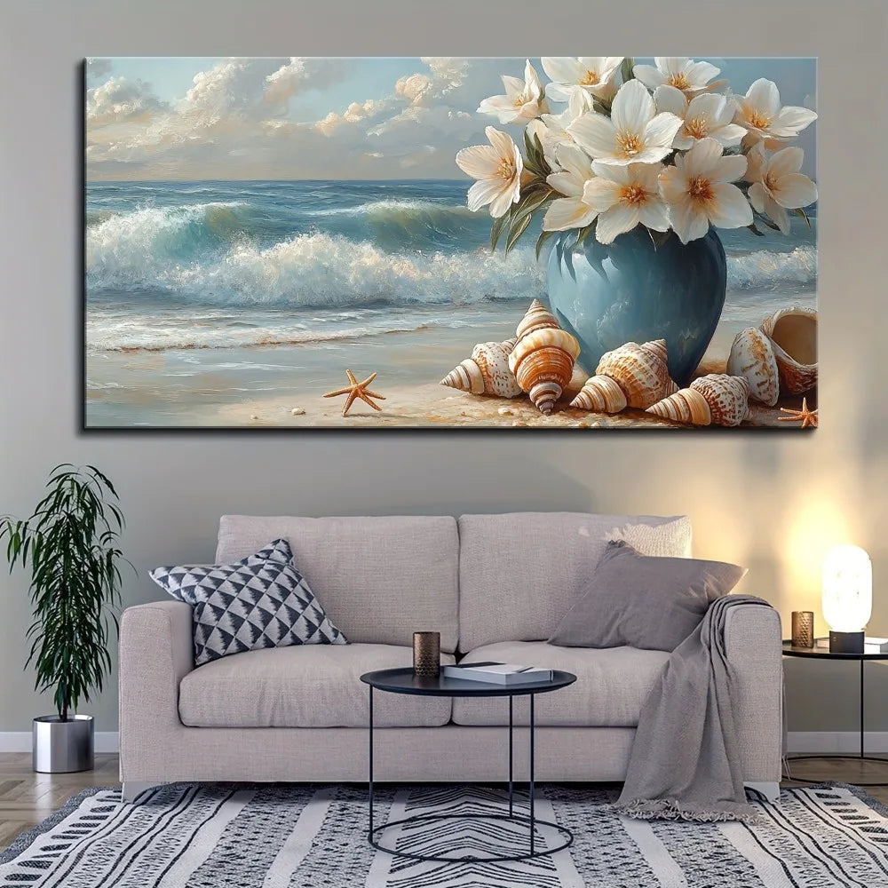 Hign-concerned Pine Wood Frame Beach Canvas Marine Flower