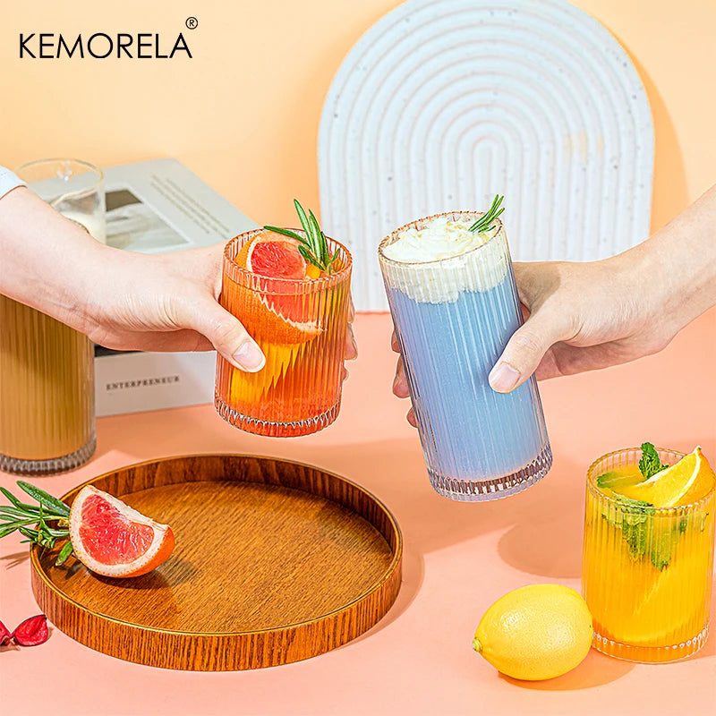 KEMORELA Ribbed Glass Cup Set 8 Piece Glassware Collection