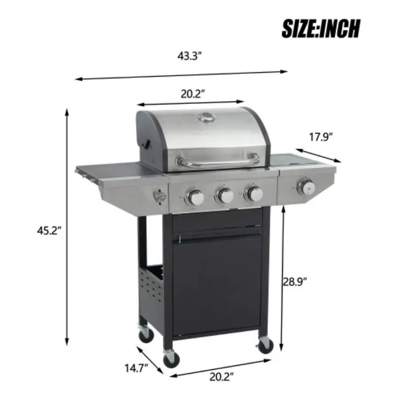 3 Burner Stainless Steel Gas Grill Side Burner 37000 BTU