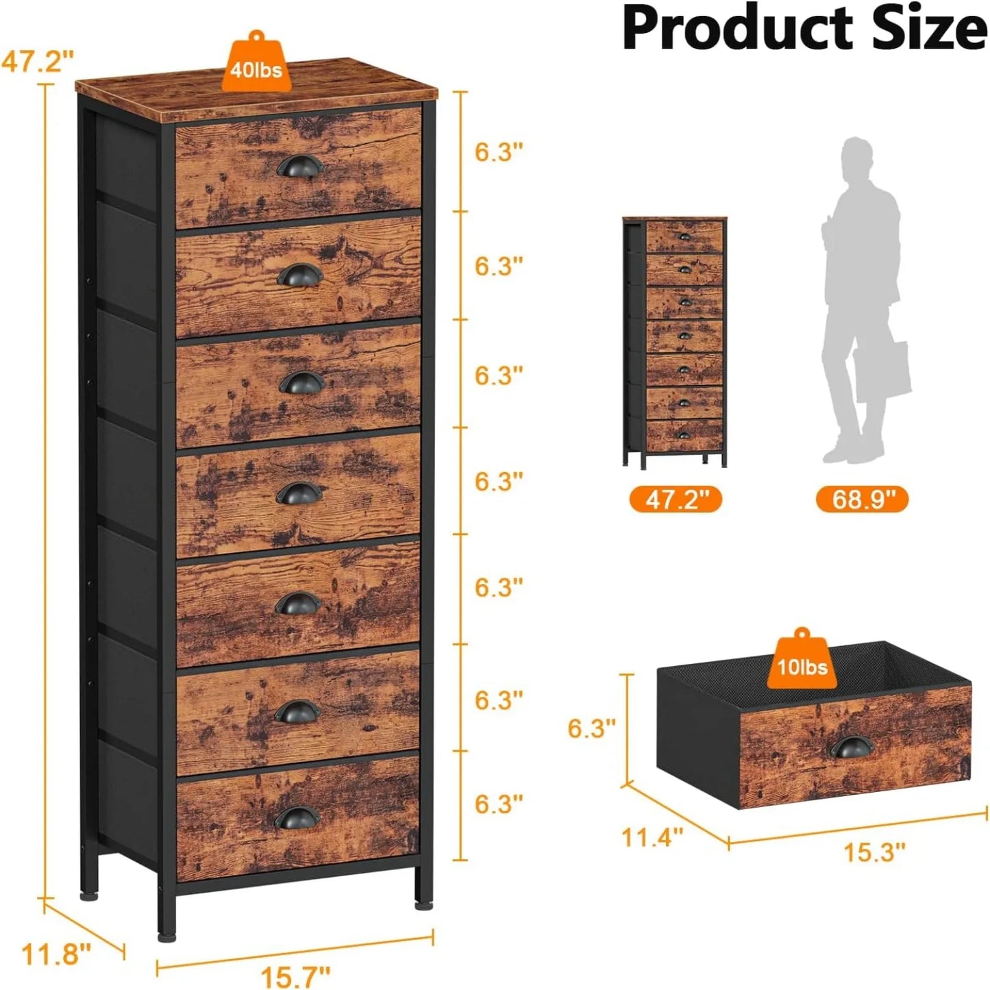 Industrial Seven Drawer Dresser Bedroom Chest Storage