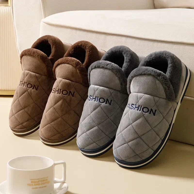 COZOKC Men Winter Furry Slippers Warm Indoor Shoes