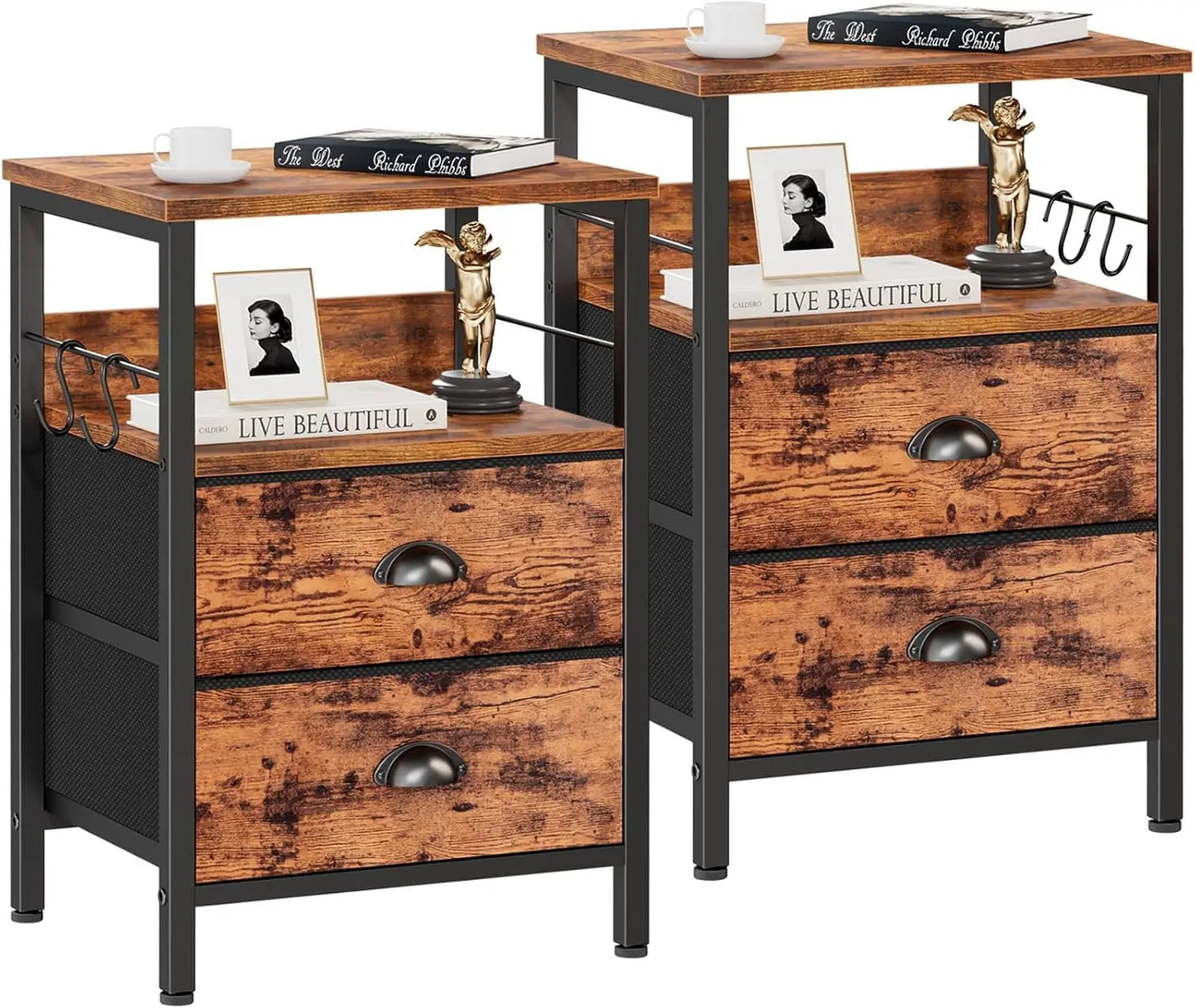 Frame Nightstands Set Two End Tables With Fabric Drawers