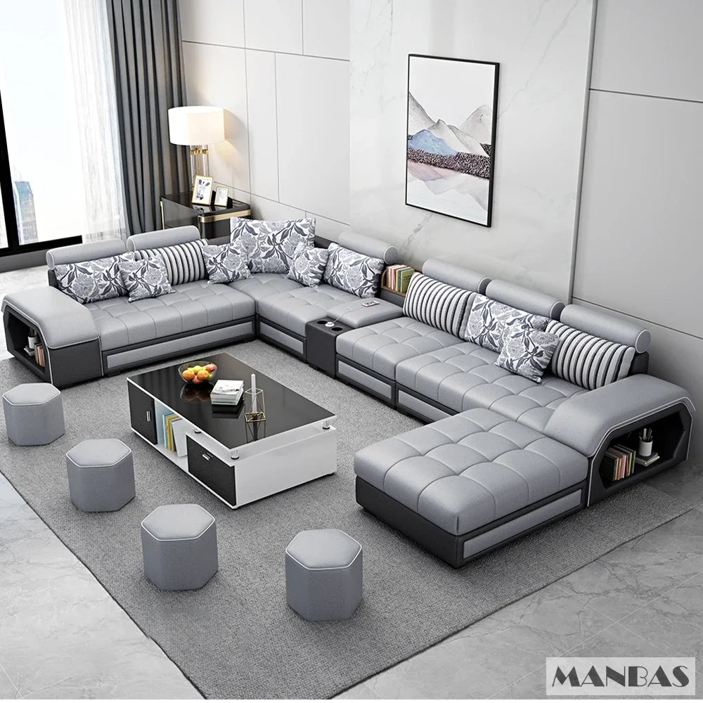 Linlamlim U Shaped Fabric Sofa Set with USB Stools Home