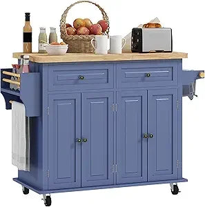 Ticify Kitchen Island Cart With Rubber Wood Top On Wheels