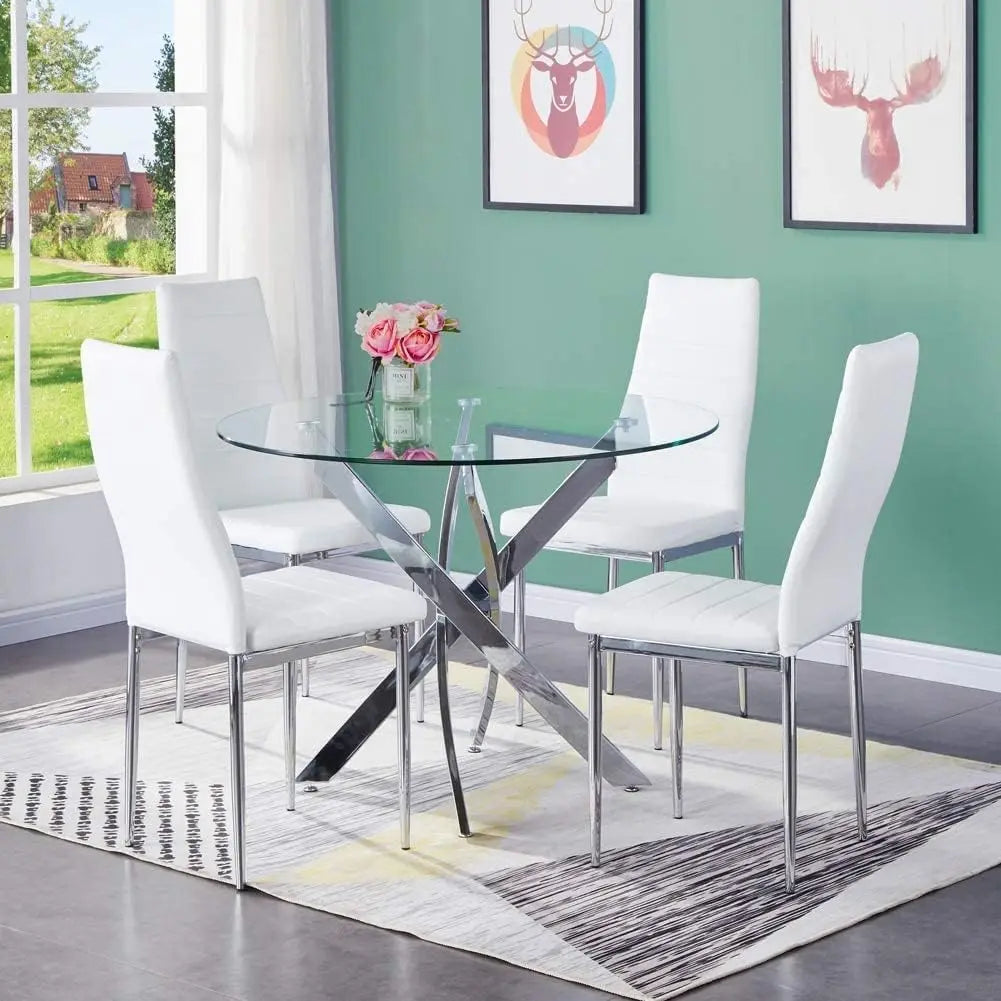 XMSJH Round Tempered Glass Dining Table Set For Four