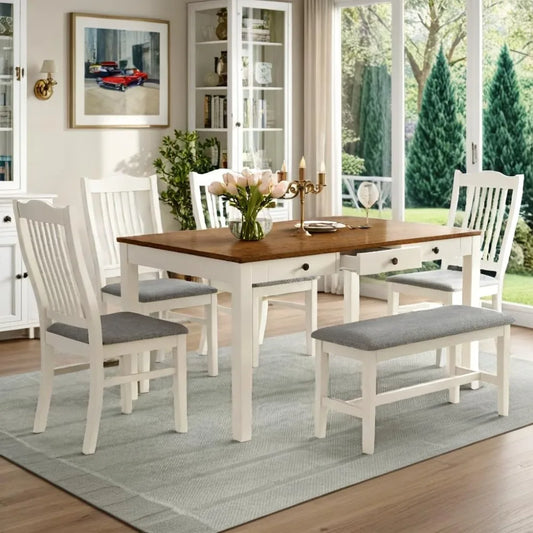 MKDK Solid Wood Dining Table Set With Upholstered Chairs