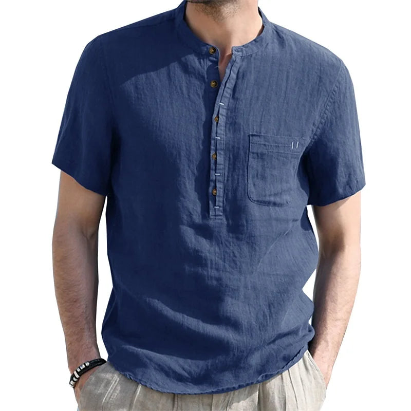 CN Guangdong Mens Linen Henley ShortSleeve Breathable Shirt
