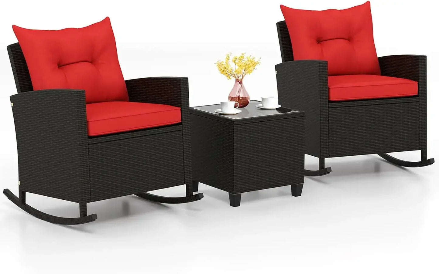 ANGDUO Wicker Patio Rocking Bistro Set With Glass Table