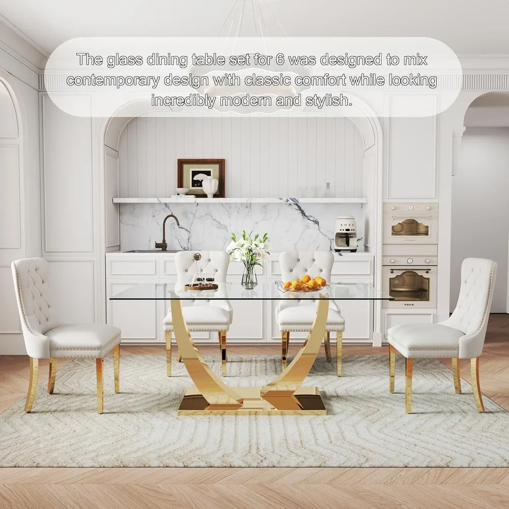 AMHDDT 7 Piece Modern Glass Dining Set With Elegant Chairs