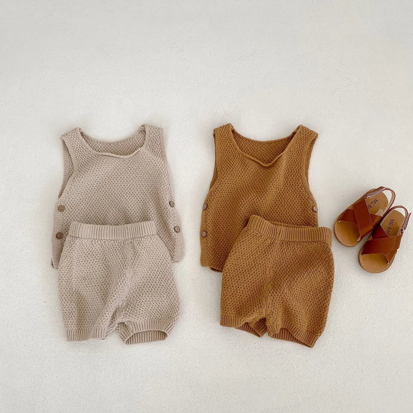 Summer Ins Baby Knitted Sweater Thin Vest Open Button Top+shorts for Boys and Girls 2-piece Suit