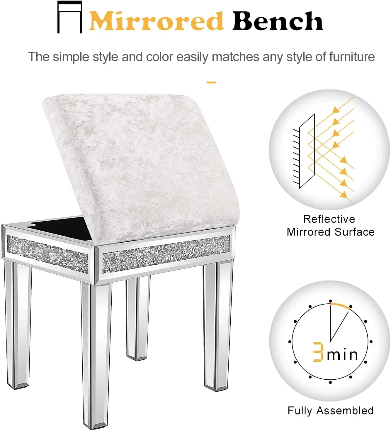 Complete Home And Apparel Mirrored Vanity Stool Velvet