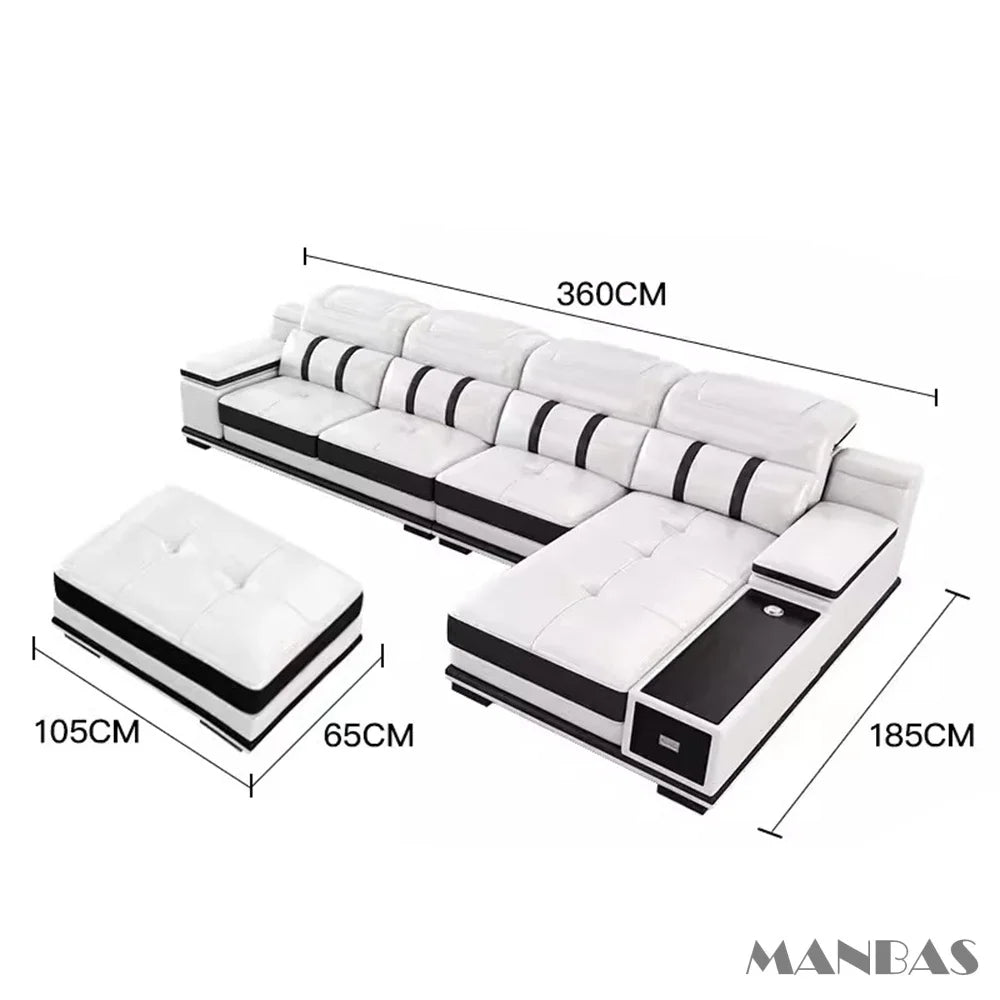 MANBAS Genuine Leather Sofa With Bluetooth USB Headrests
