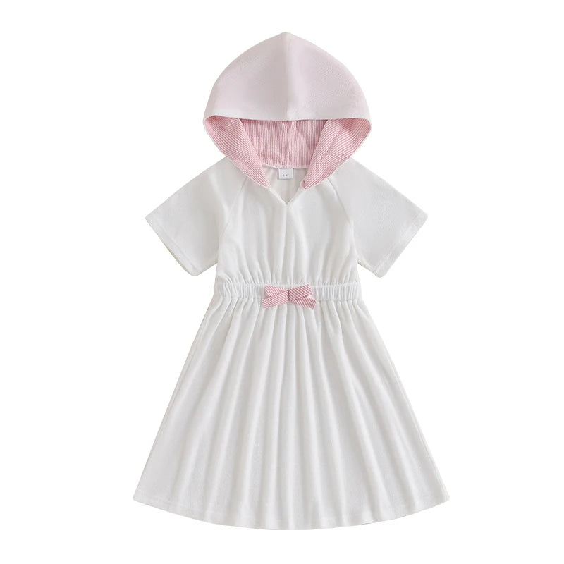 Kids Hooded Beach Cover Up Dress With 3D Bow Swimwear
