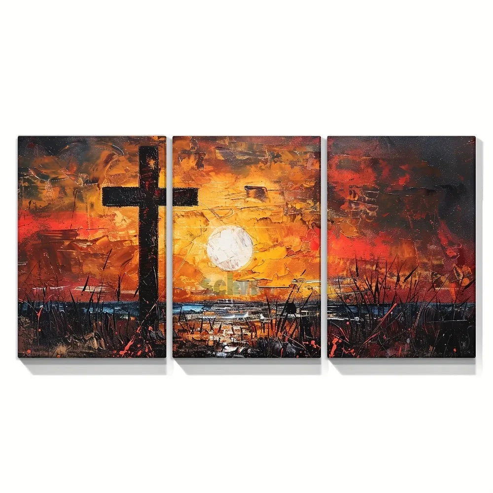 Sunrise Canvas Wall Art Pine Frame 3 Piece Decor Set