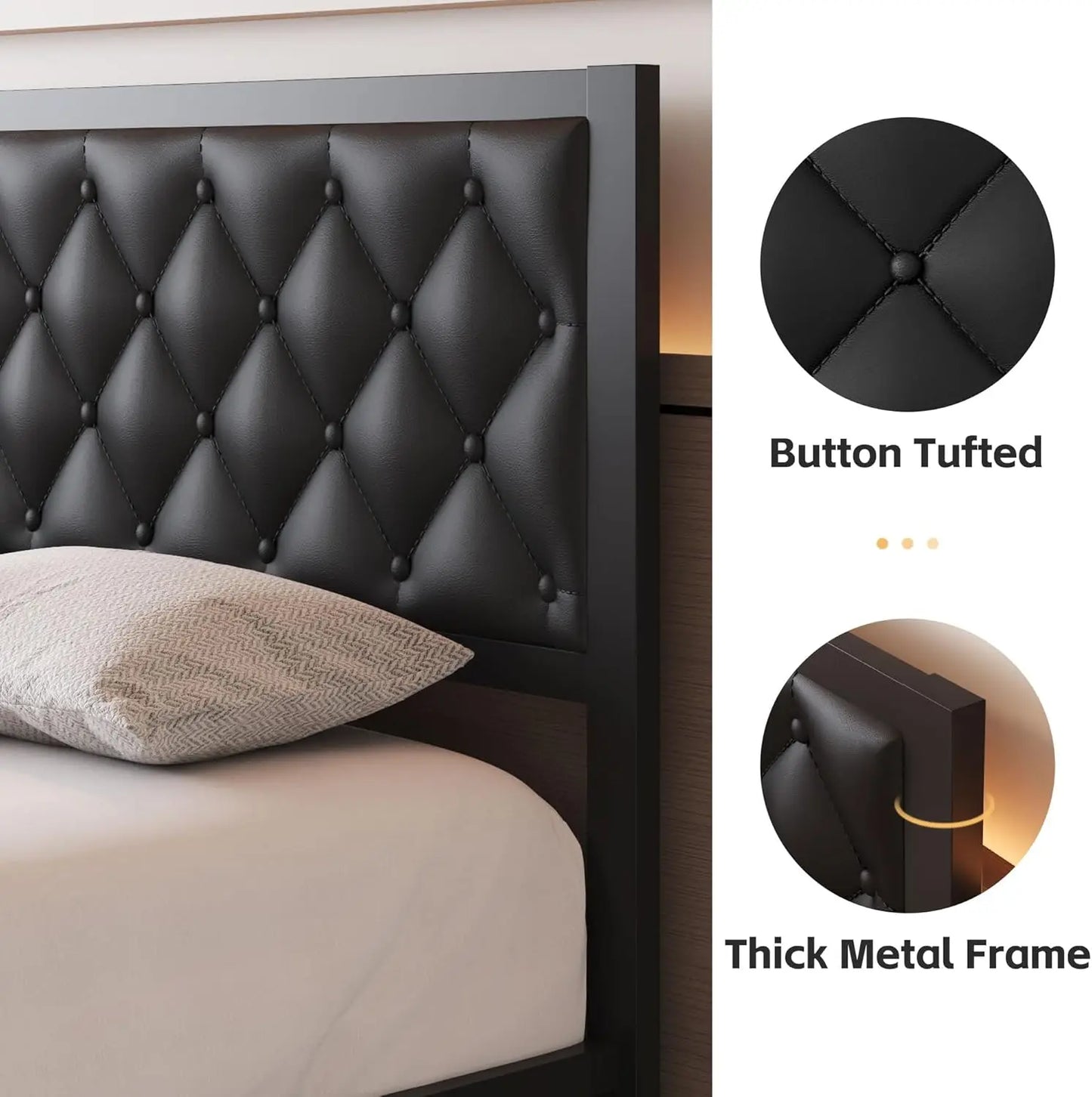 XMSJH Queen Bed Frame With PU Leather Upholstered Headboard