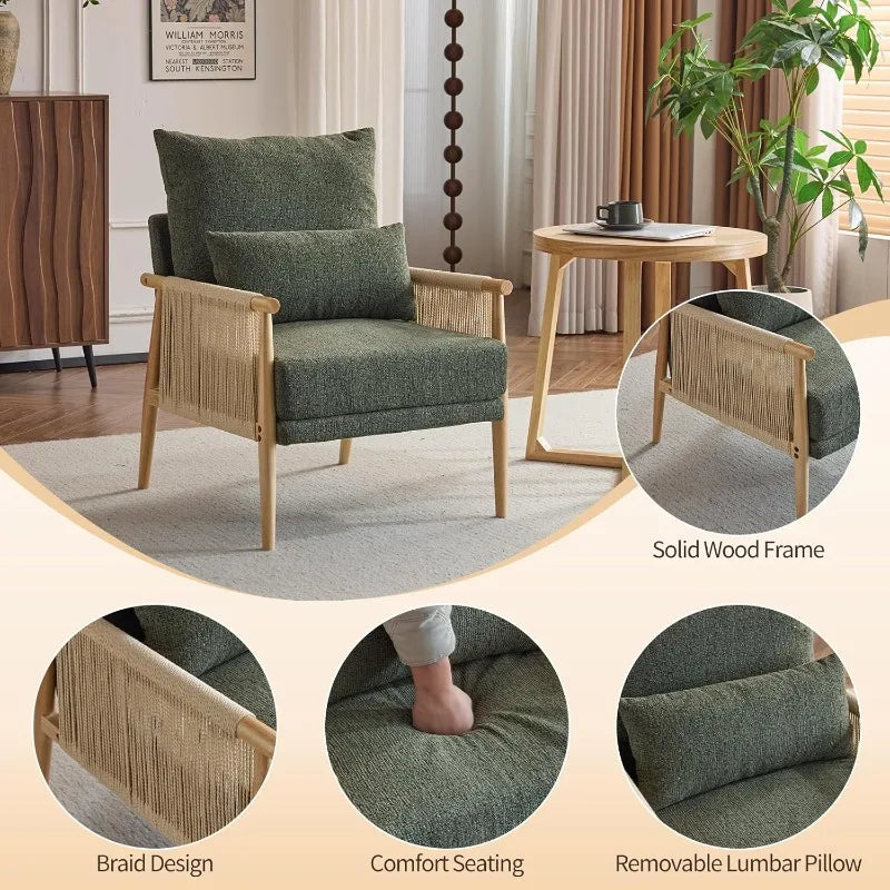 Cozy Chenille Accent Chair With Pillow And Rattan Arms