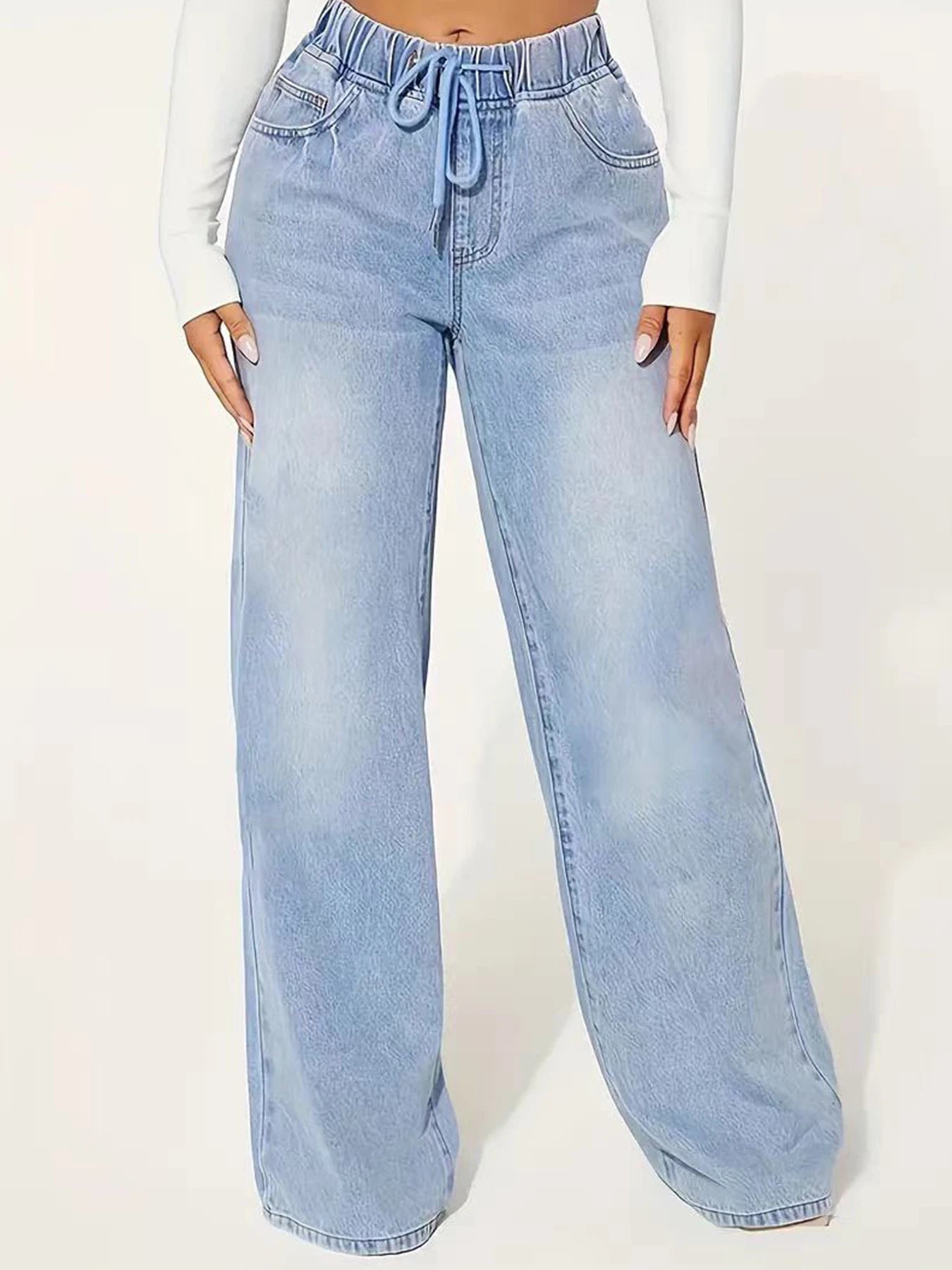 Guangdong Women Jeans Drawstring Straight Leg Denim