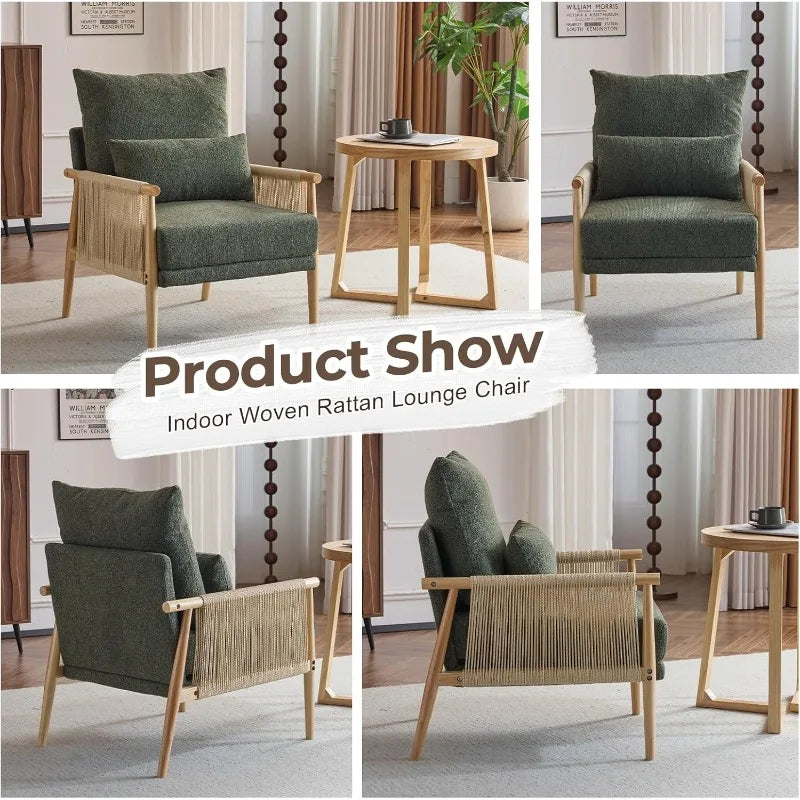Cozy Chenille Accent Chair With Pillow And Rattan Arms