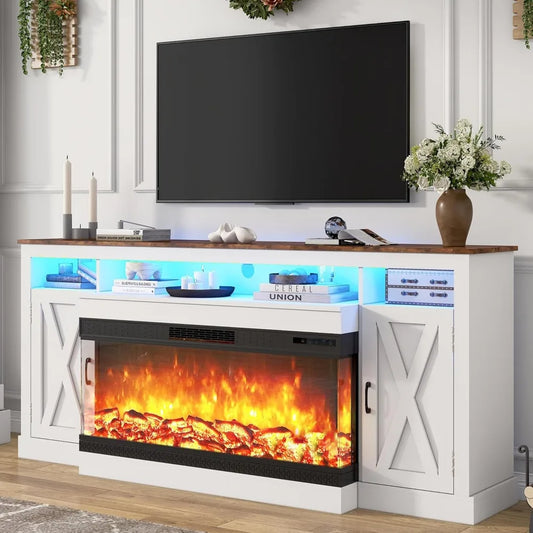 Farmhouse TV Stand With Glass Fireplace And LED Light