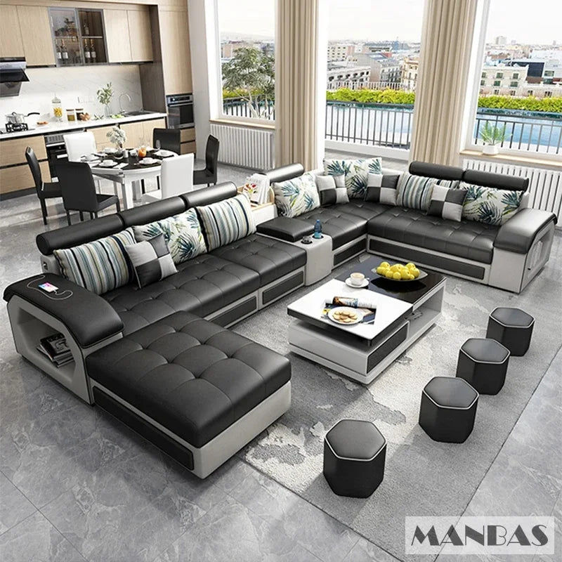 Linlamlim U Shaped Fabric Sofa Set with USB Stools Home