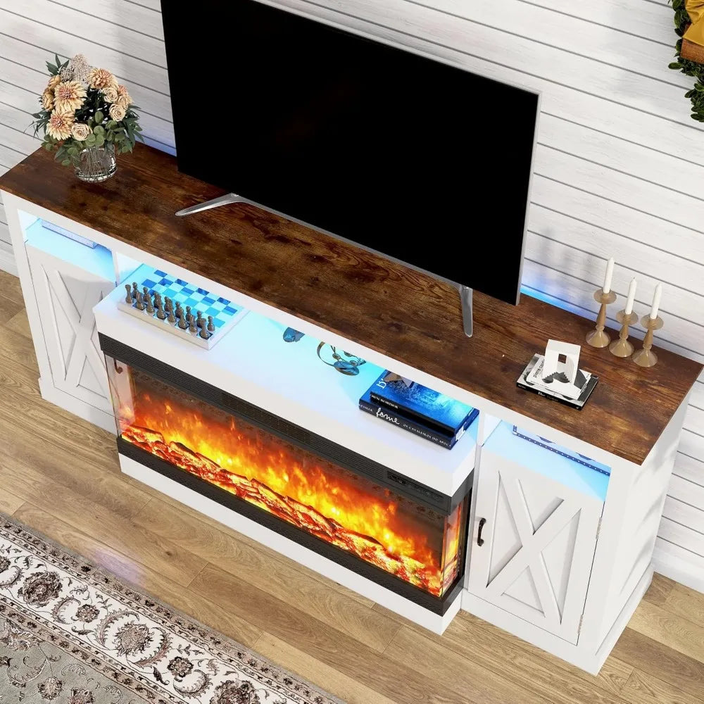 Farmhouse TV Stand With Glass Fireplace And LED Light