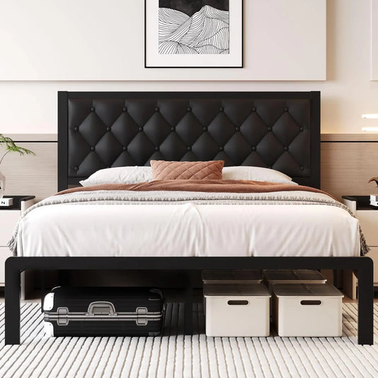 XMSJH Queen Bed Frame With PU Leather Upholstered Headboard
