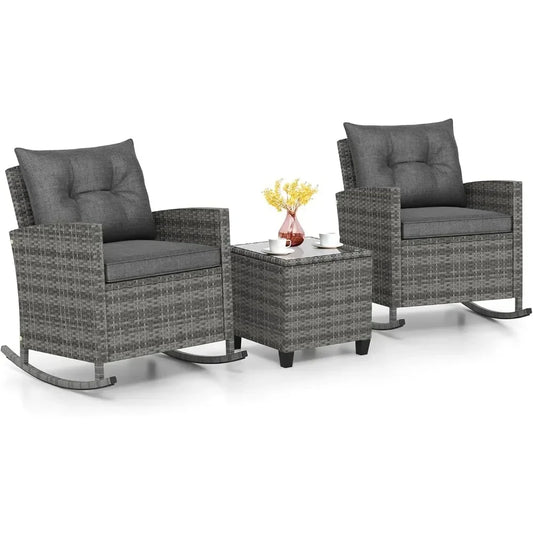 ANGDUO Wicker Patio Rocking Bistro Set With Glass Table