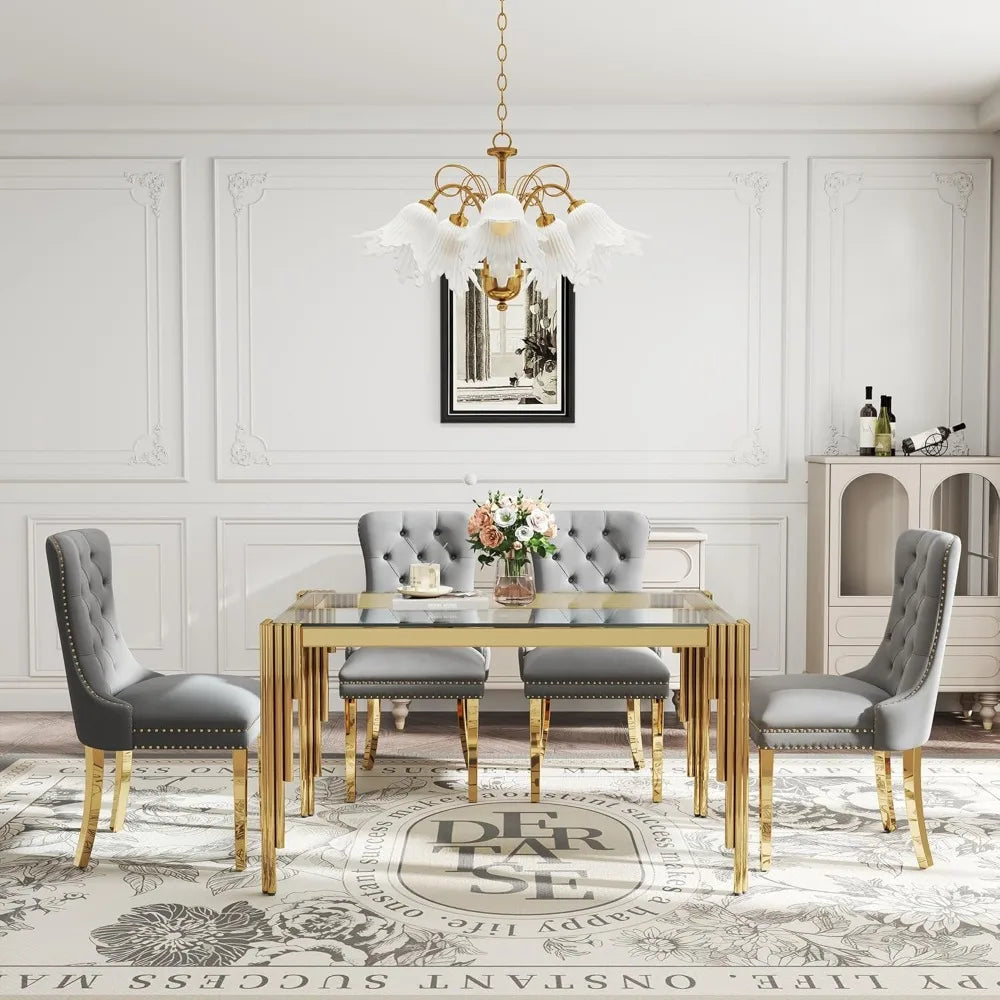 AMHDDT Glass Dining Table Set With Upholstered Chairs