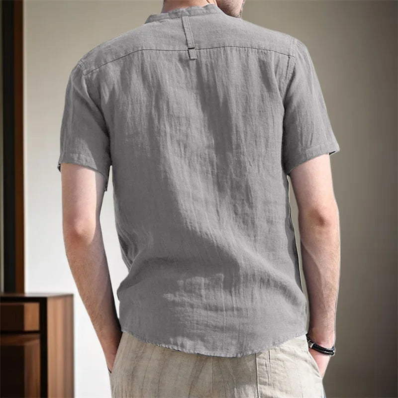 CN Guangdong Mens Linen Henley ShortSleeve Breathable Shirt