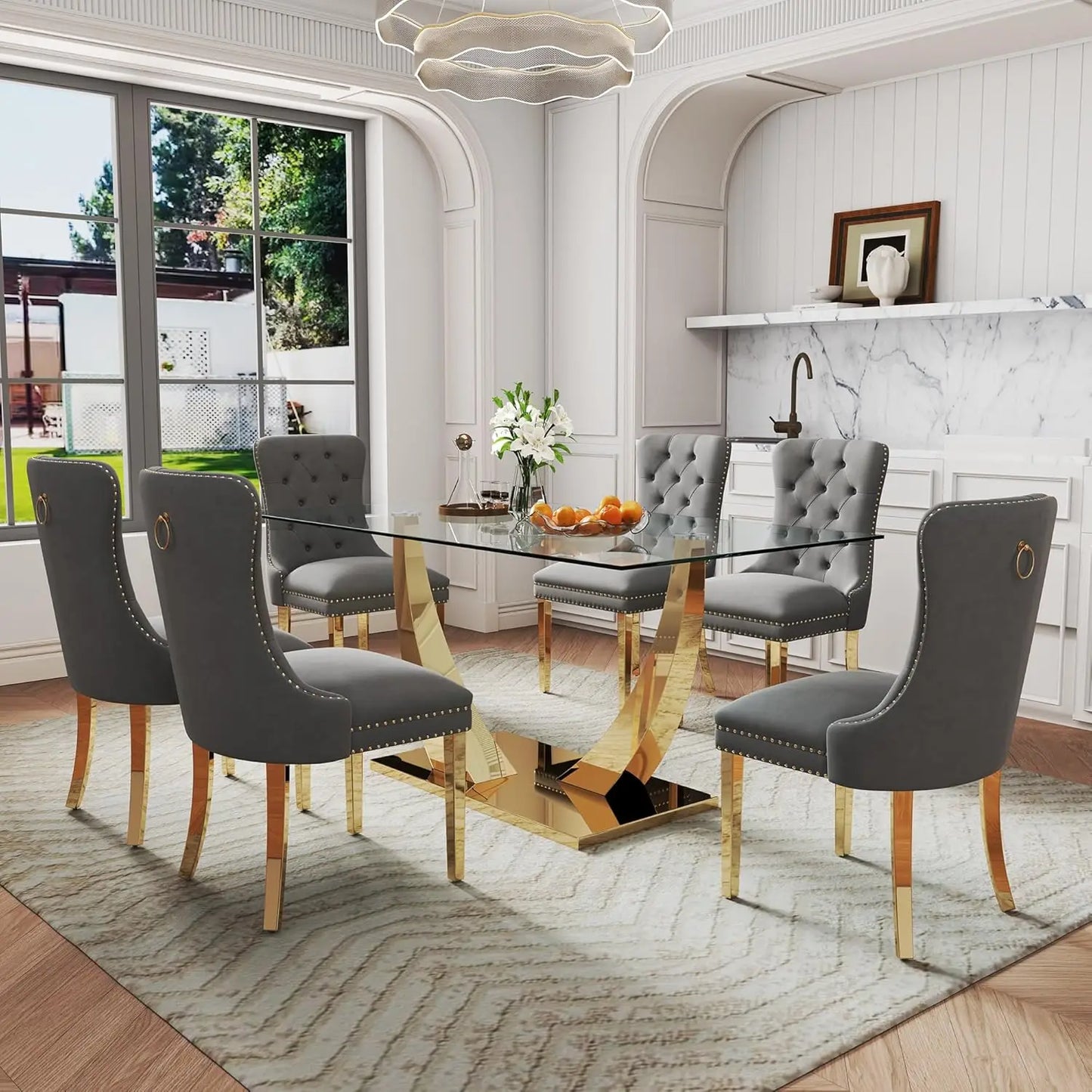 AMHDDT 7 Piece Modern Glass Dining Set With Elegant Chairs
