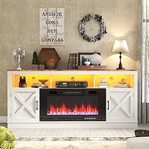 Farmhouse TV Stand With Glass Fireplace And LED Light