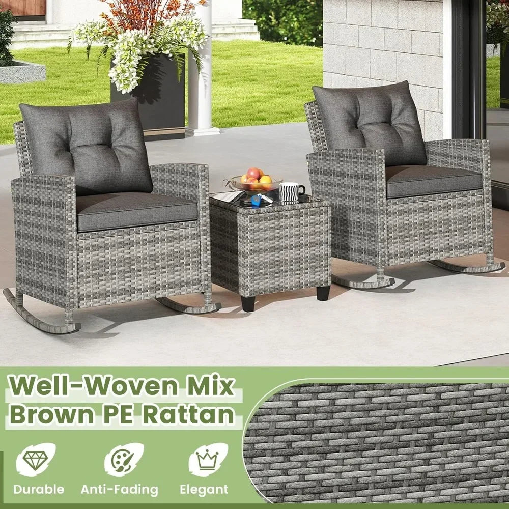 ANGDUO Wicker Patio Rocking Bistro Set With Glass Table