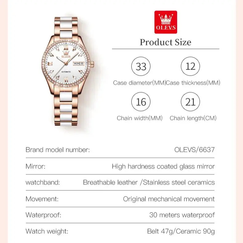 OLEVS 6637 Luxury Women Automatic Mechanical Watch Calendar
