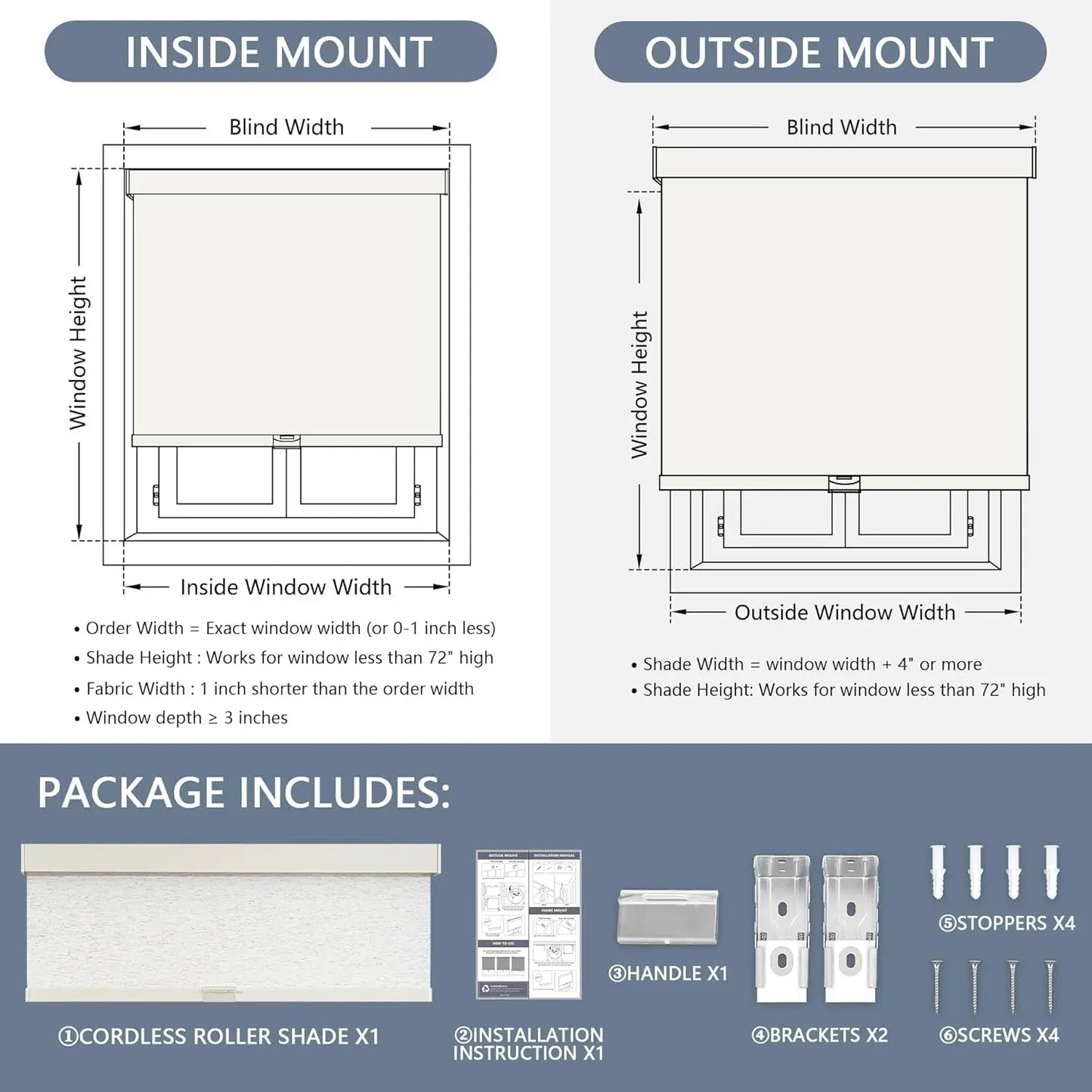 XMSJ Blackout Cordless Roller Shades For Home Windows