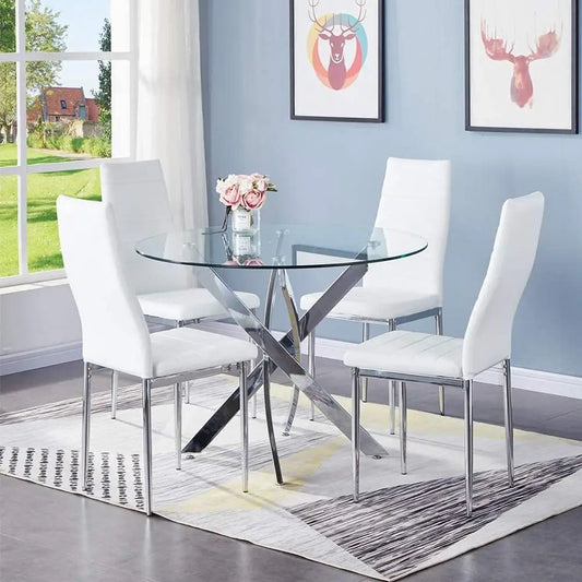 XMSJH Round Tempered Glass Dining Table Set For Four