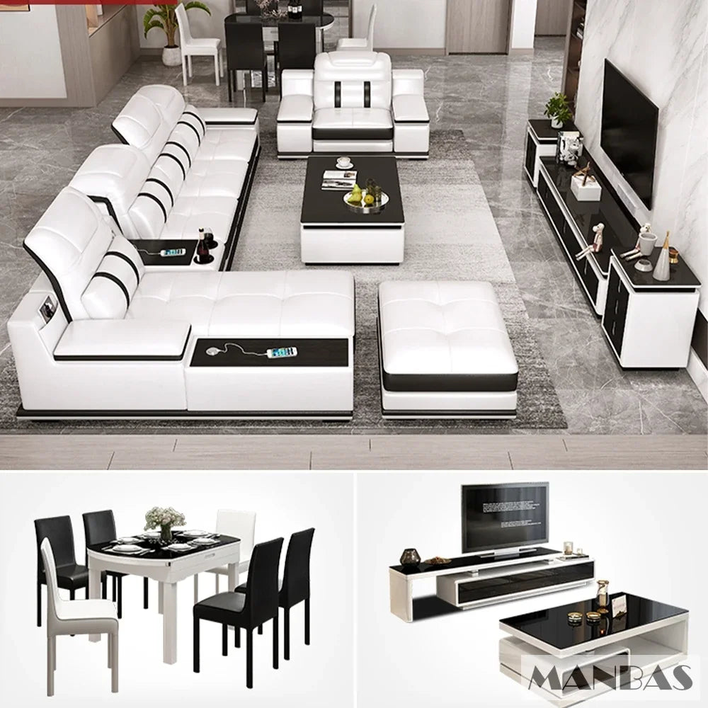 MANBAS Genuine Leather Sofa With Bluetooth USB Headrests