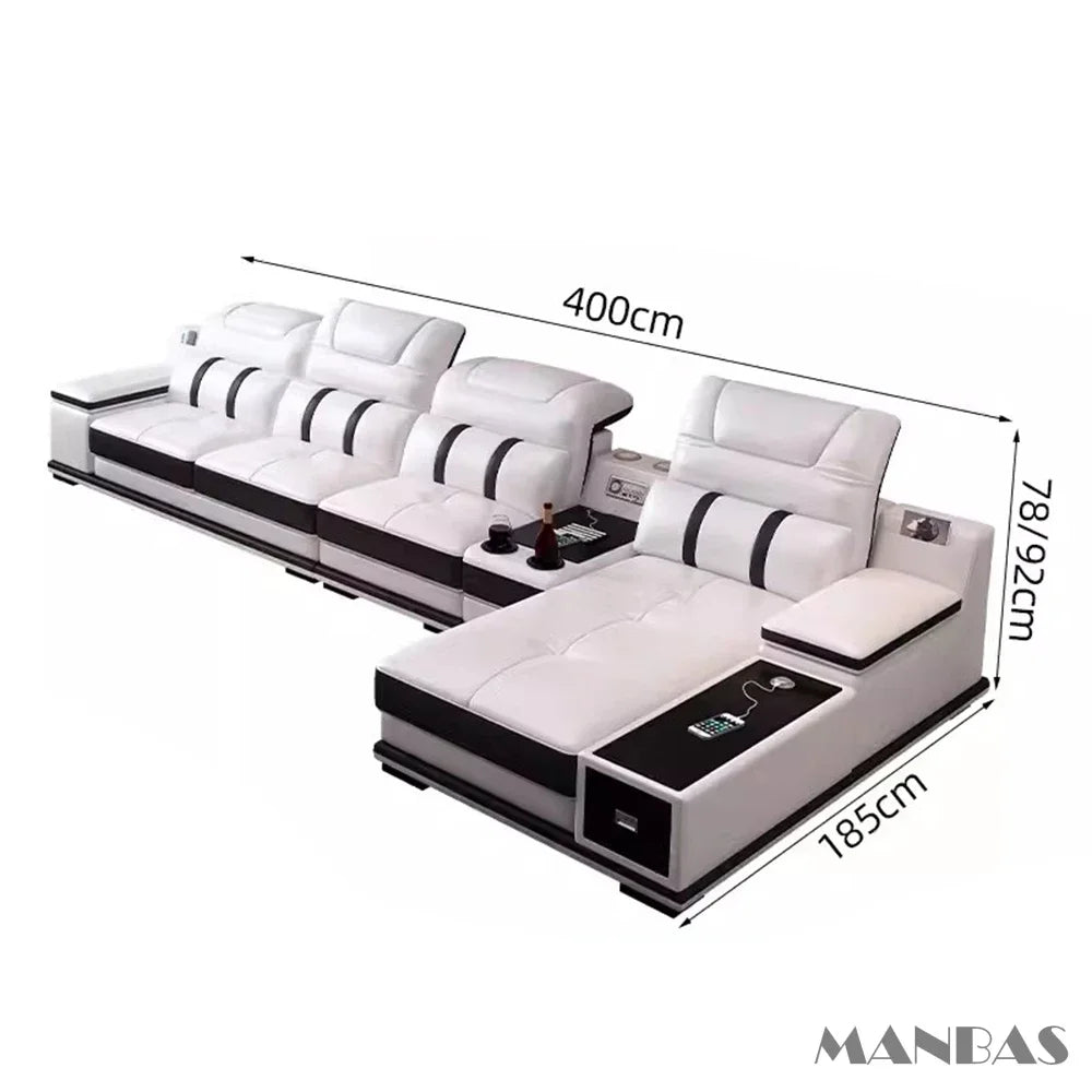 MANBAS Genuine Leather Sofa With Bluetooth USB Headrests