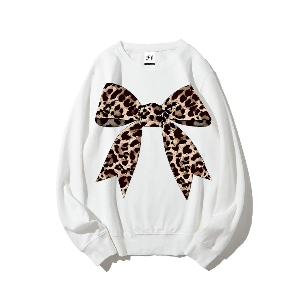 Leopard Bow Print Sweatshirts For Women Round Neck Hoodie