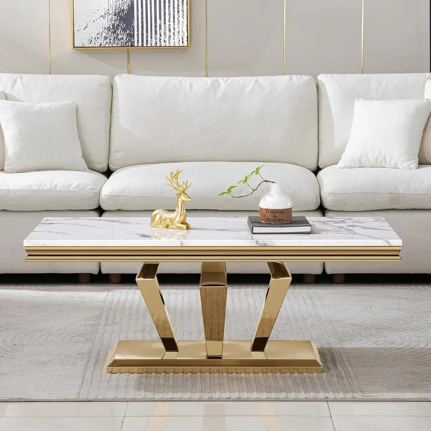 XMSJ White Marble Coffee Table With Stainless Steel Base