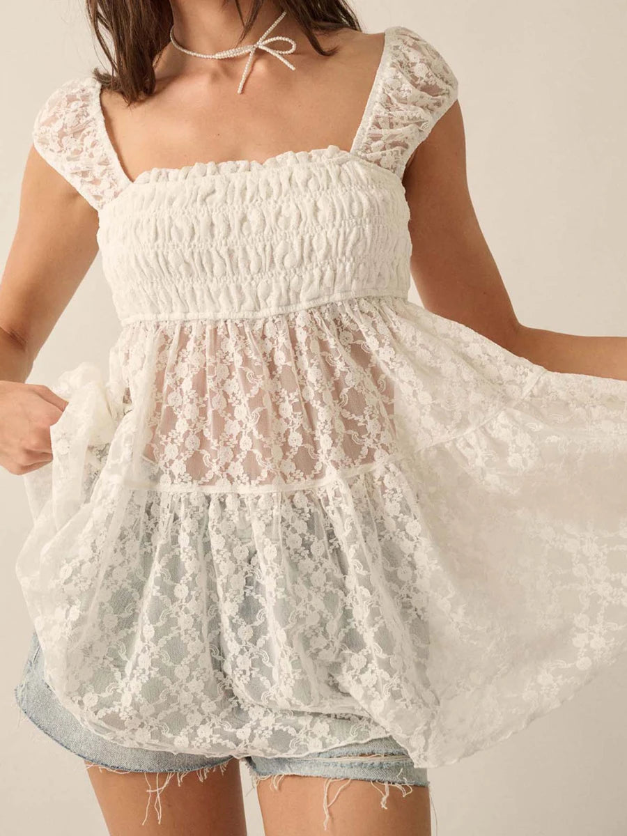 CN Guangdong Womens Casual Waffle Lace Square Neck Top