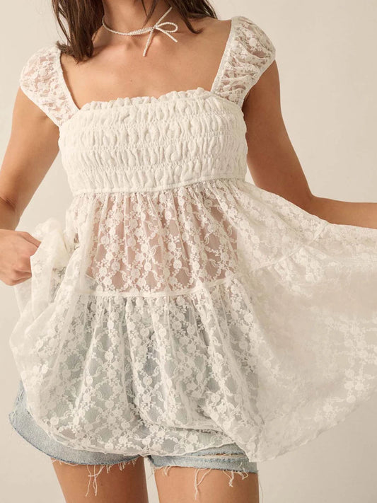 CN Guangdong Womens Casual Waffle Lace Square Neck Top