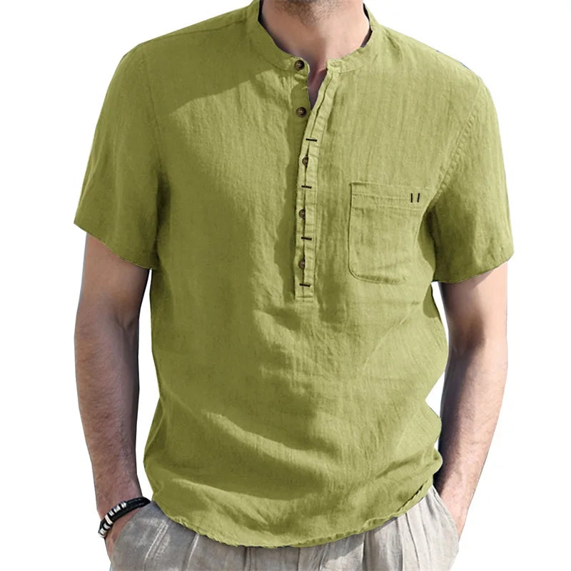CN Guangdong Mens Linen Henley ShortSleeve Breathable Shirt